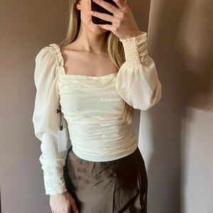 Astr Cream Ruched Blouse with Puff Sleeves
